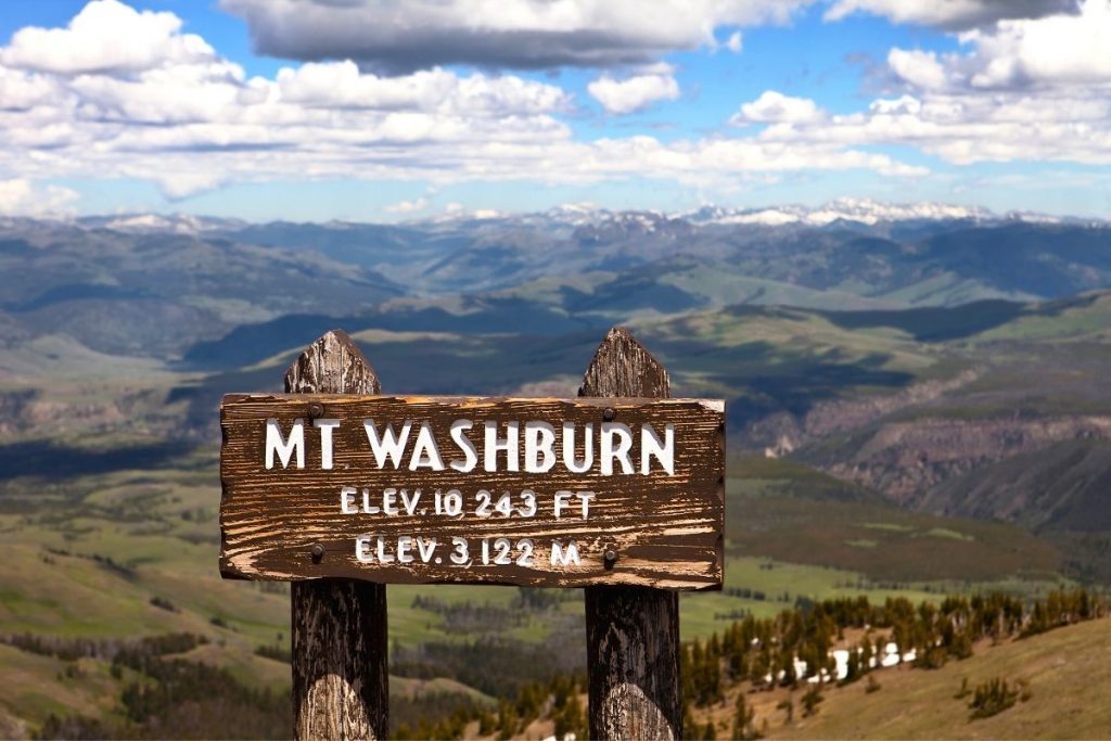 Sign reading 'Mount Washburn' in Yellowstone