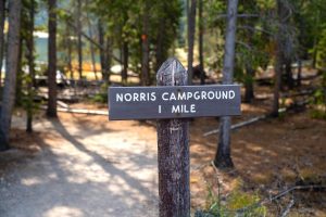 Sign stating 1 mile to Norris Campground in Yellowstone