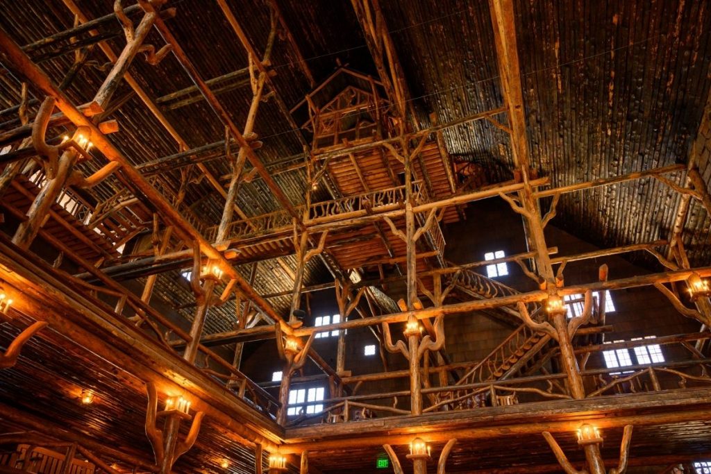 Tiered floors and rafters in Yellowstone's Old Faithful Inn