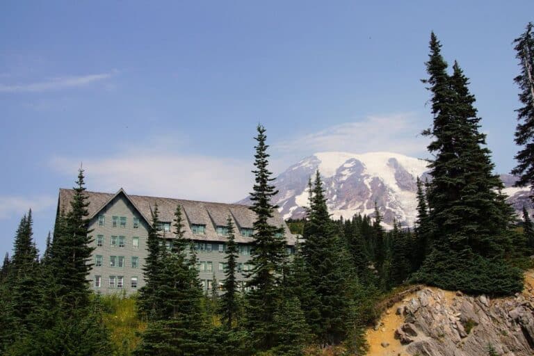 Paradise Inn with Mount Rainier in the background