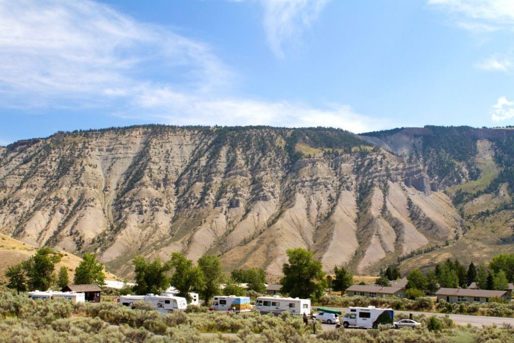 RVs in the distance at a campground in Yellowstone