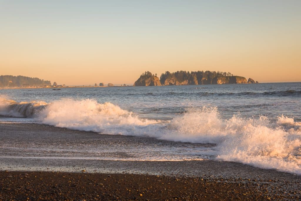 Waves at Rialto Beach sunset in Olympic National Park