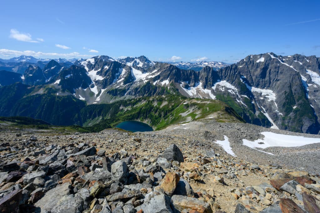 Rocky ground and distant mountains from Sahale Arm in North Cascades National Park