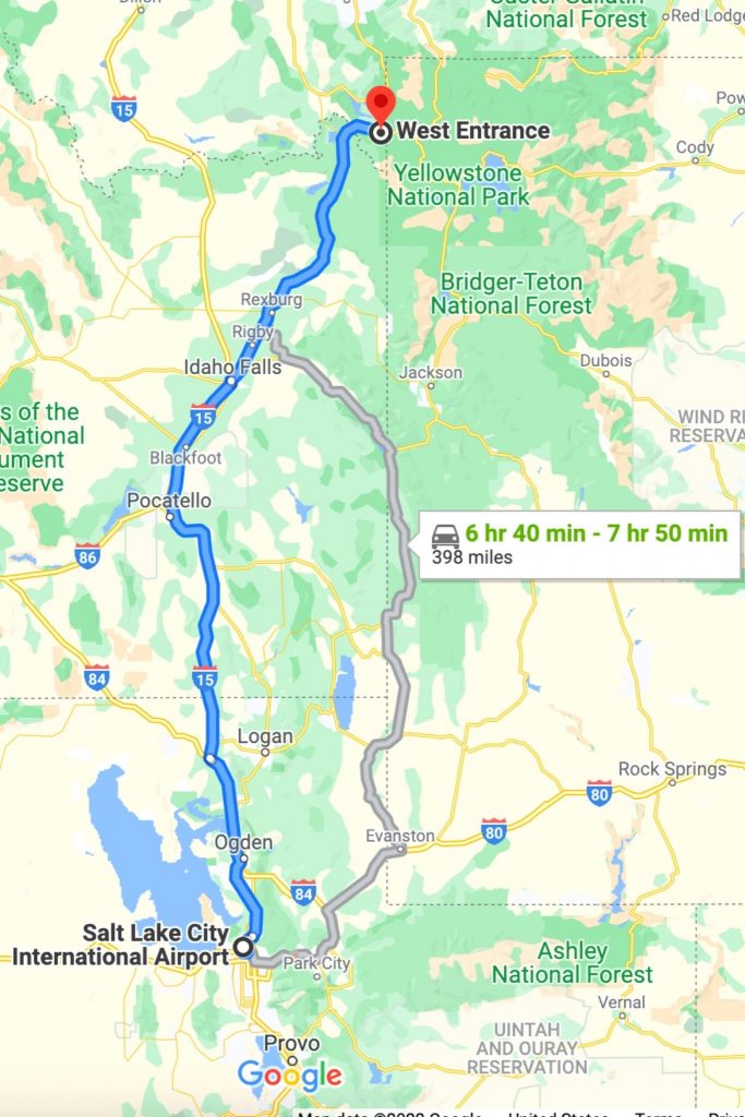 Map of Salt Lake City Airport to Yellowstone