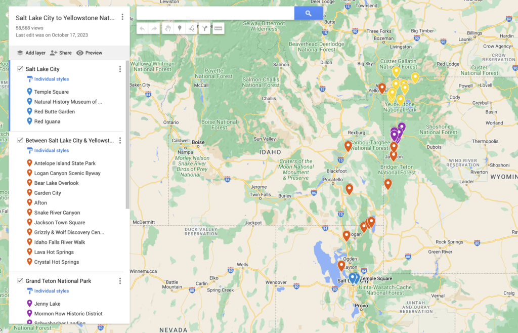 Salt Lake City to Yellowstone map