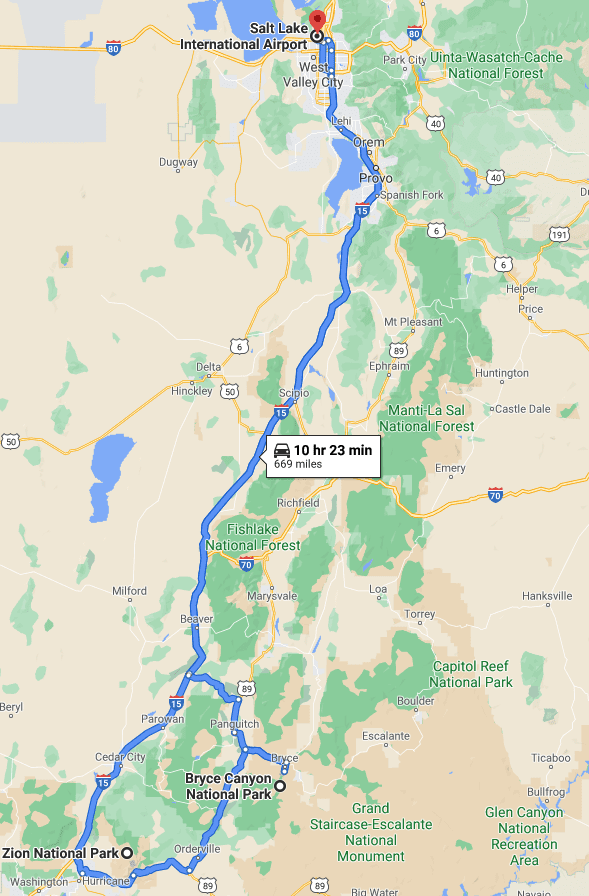 Road trip route from Salt Lake City to Zion to Bryce Canyon