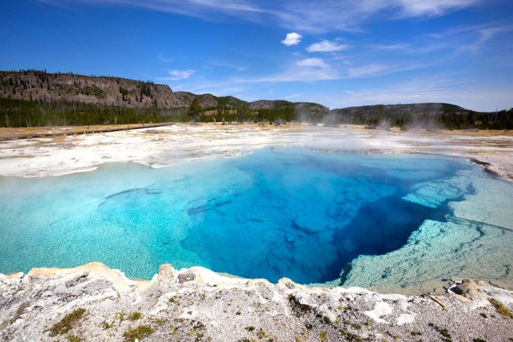 Bright blue hot springs pool in Yellowstone