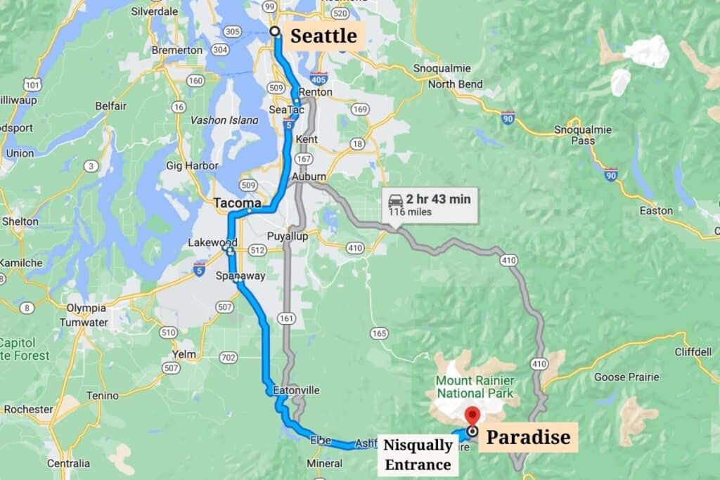 Map of route from Seattle to Mount Rainier National Park Paradise region