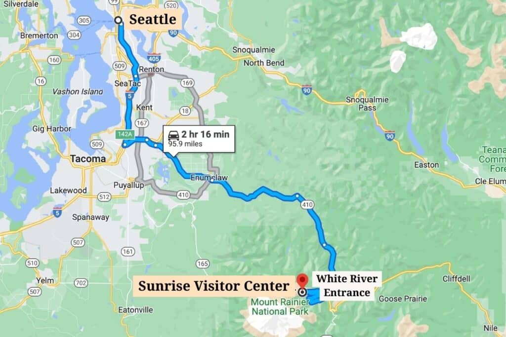 Map of Seattle to Mount Rainier National Park Sunrise region