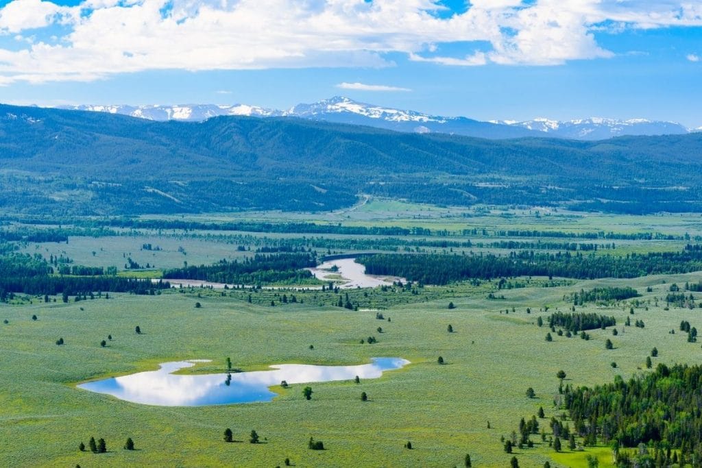 Expansive valley with mountains in the distance from Signal Mountain Summit Road in Grand Teton