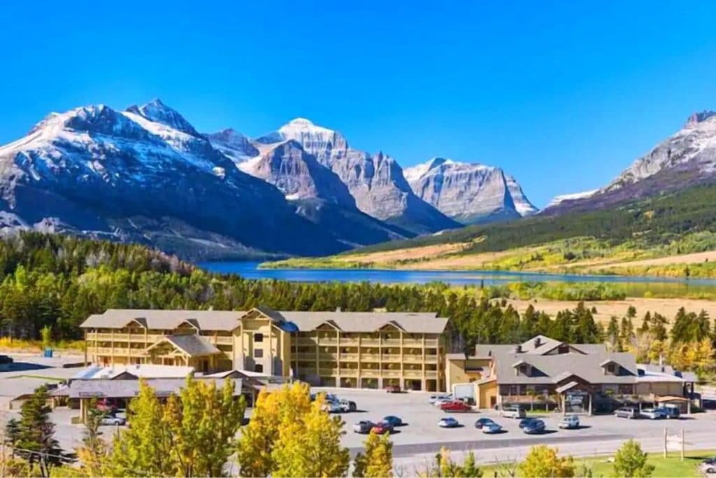 Aerial view of St. Mary Village with St. Mary Lake and Glacier National Park in the background