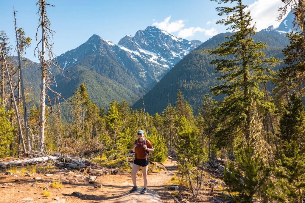 Hiker on the Thunder Knob trail in North Cascades National Park