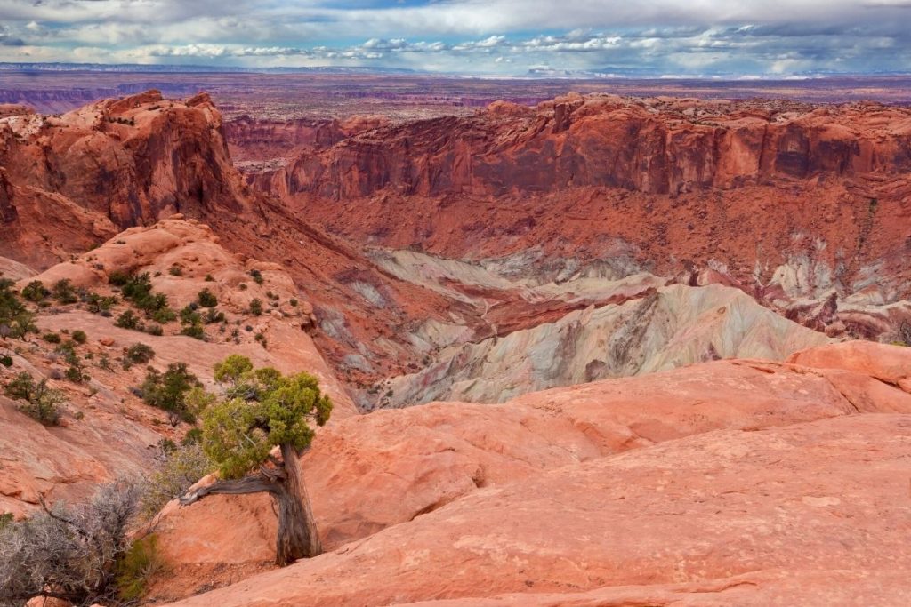 Red rocky crater at Upheaval Dome in Canyonlands