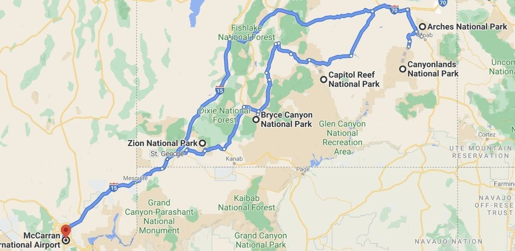 Utah national parks road trip map from Las Vegas