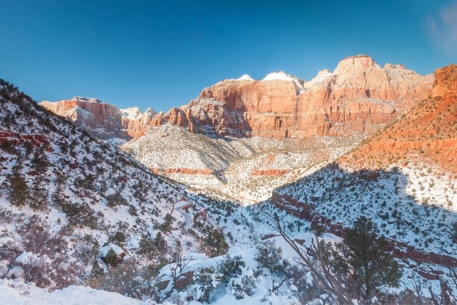 Snow covers Zion Canyon in winter