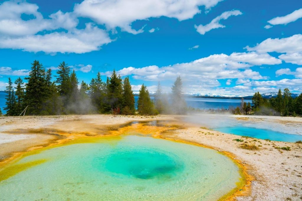 Hot springs scattered across West Thumb Geyser Basin in Yellowstone