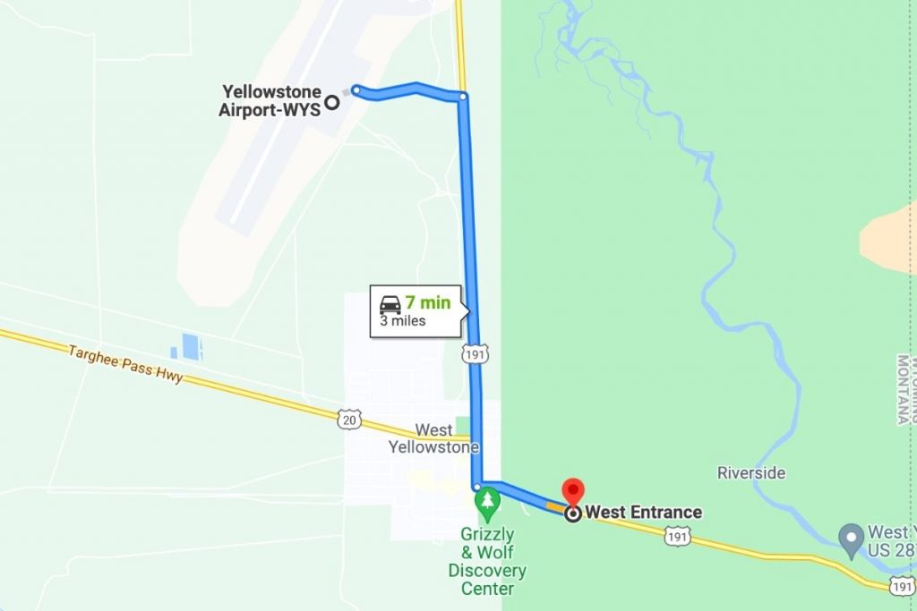 Map of West Yellowstone Airport to Yellowstone Entrance