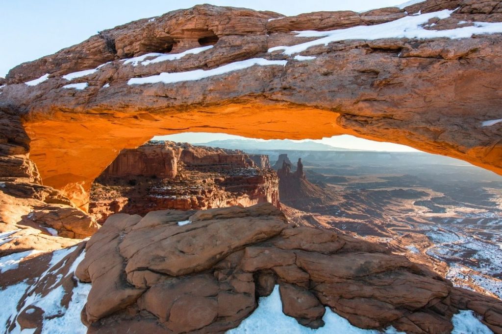 Snow atop Mesa Arch in Canyonlands National Park