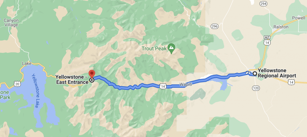 Map of Yellowstone Regional Airport in Cody to Yellowstone