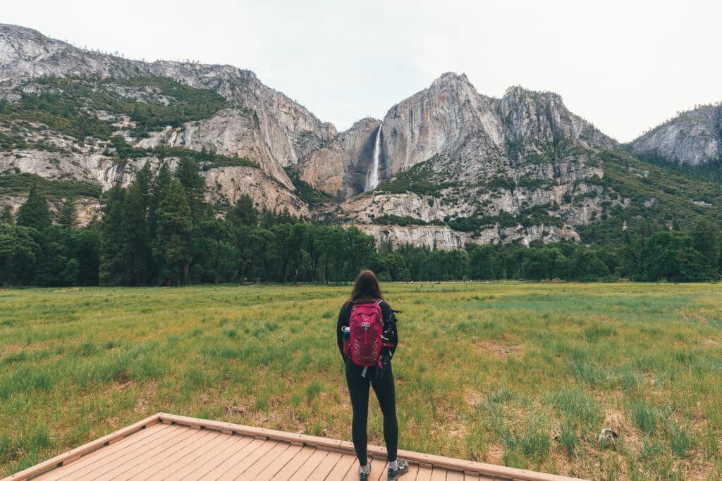 Julia in front of Yosemite Falls in Yosemite National Park