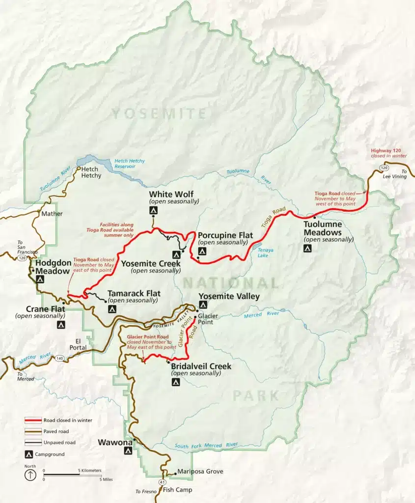 Yosemite National Park map of seasonal road closures