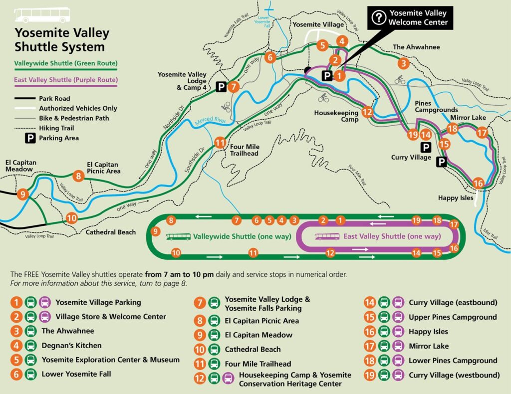 Yosemite Valley map with shuttle stops