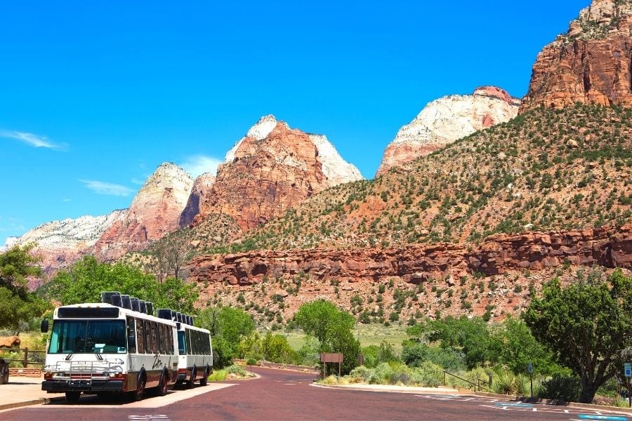 Zion National Park shuttle runs along the main road